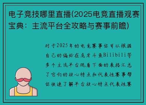 电子竞技哪里直播(2025电竞直播观赛宝典：主流平台全攻略与赛事前瞻)